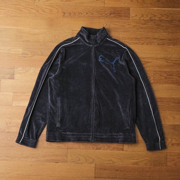 Vintage Puma Track Jacket in Navy Blue Velour Suede Size M Y2K Embroidery Sporty - Picture 1 of 10
